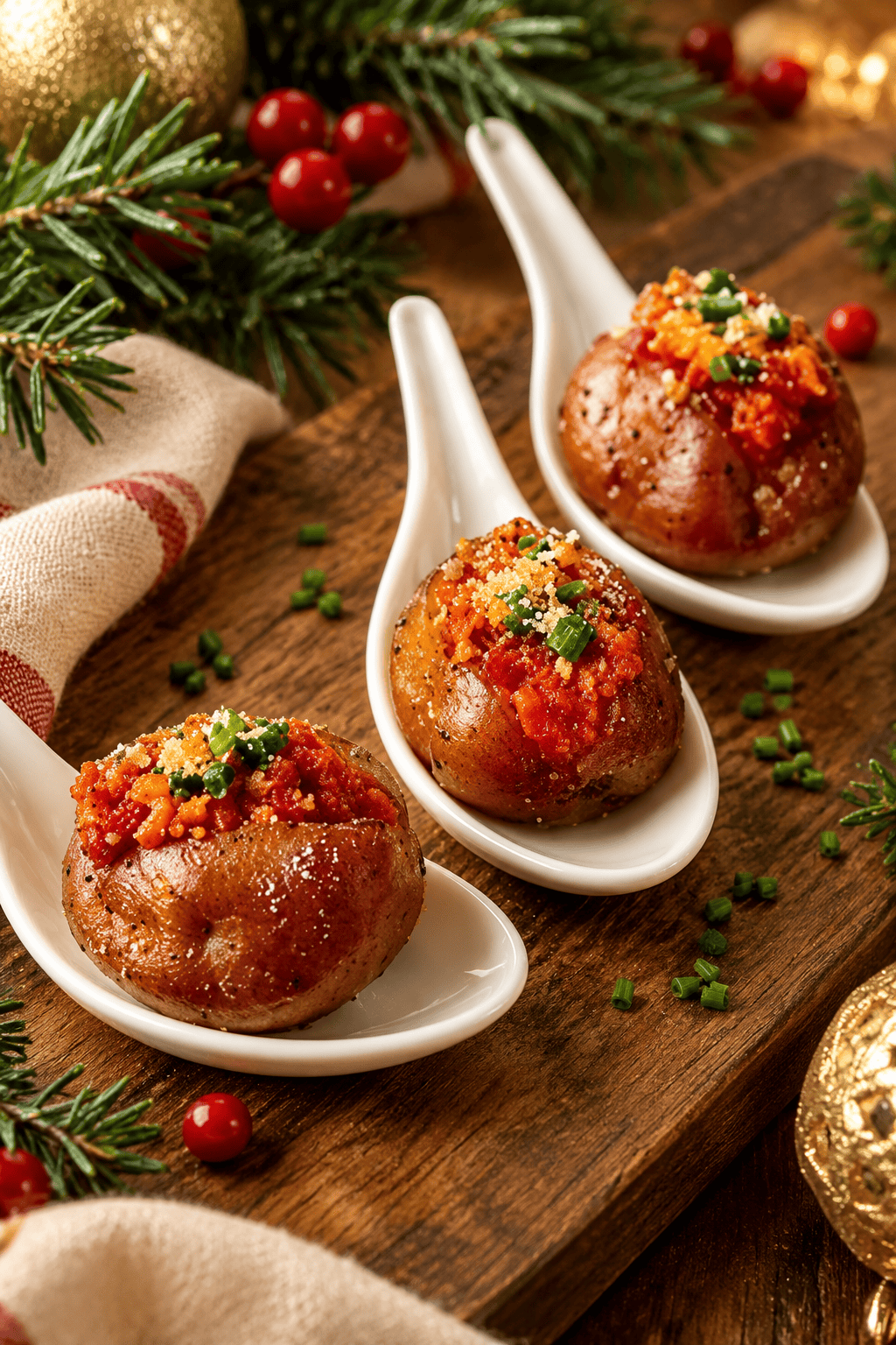 Roasted baby potatoes stuffed with savory bacon and tomato filling, garnished with chopped chives and Parmesan cheese.