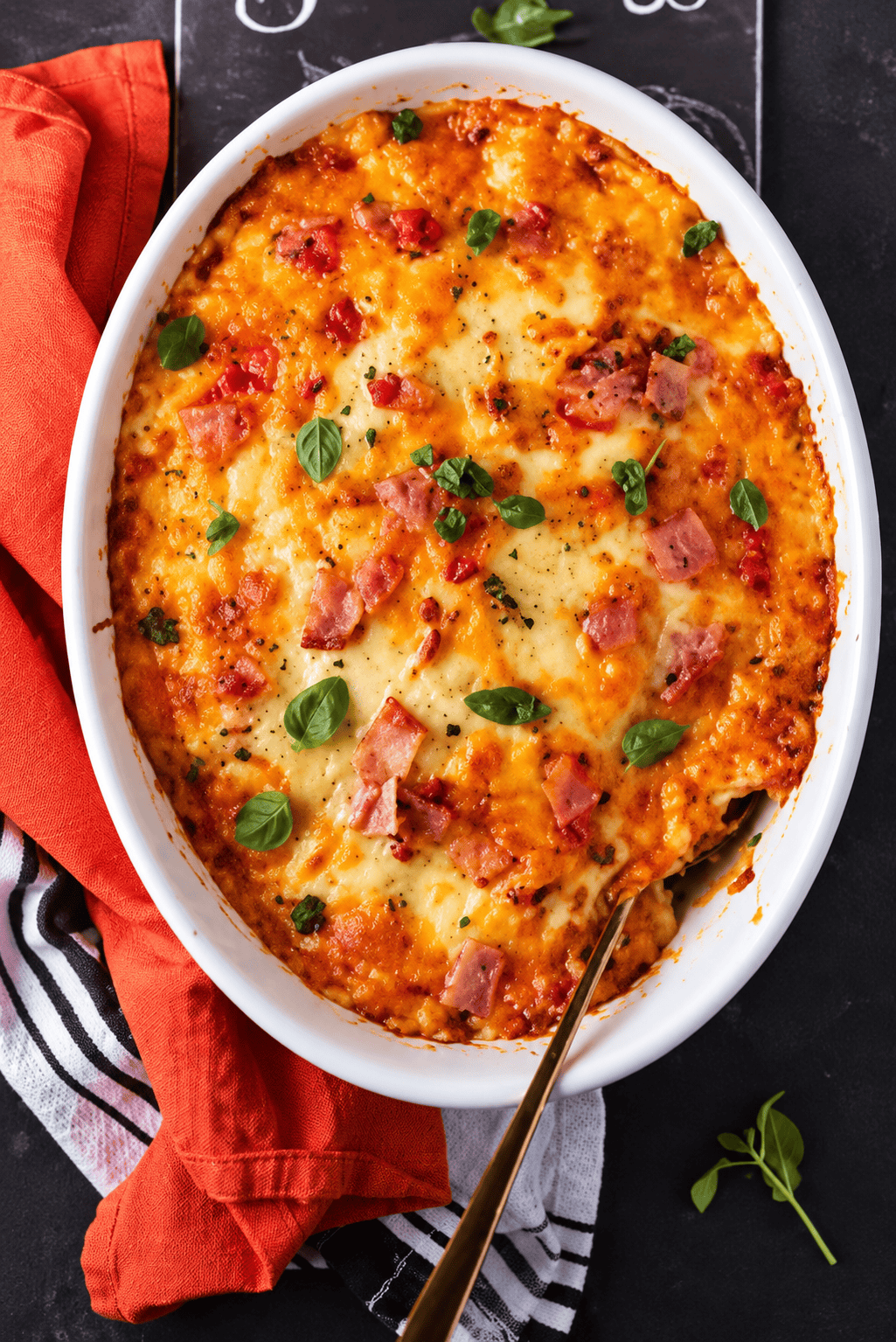Creamy broccoli gratin with bacon and golden melted cheddar cheese in a baking dish, ready for Christmas dinner.