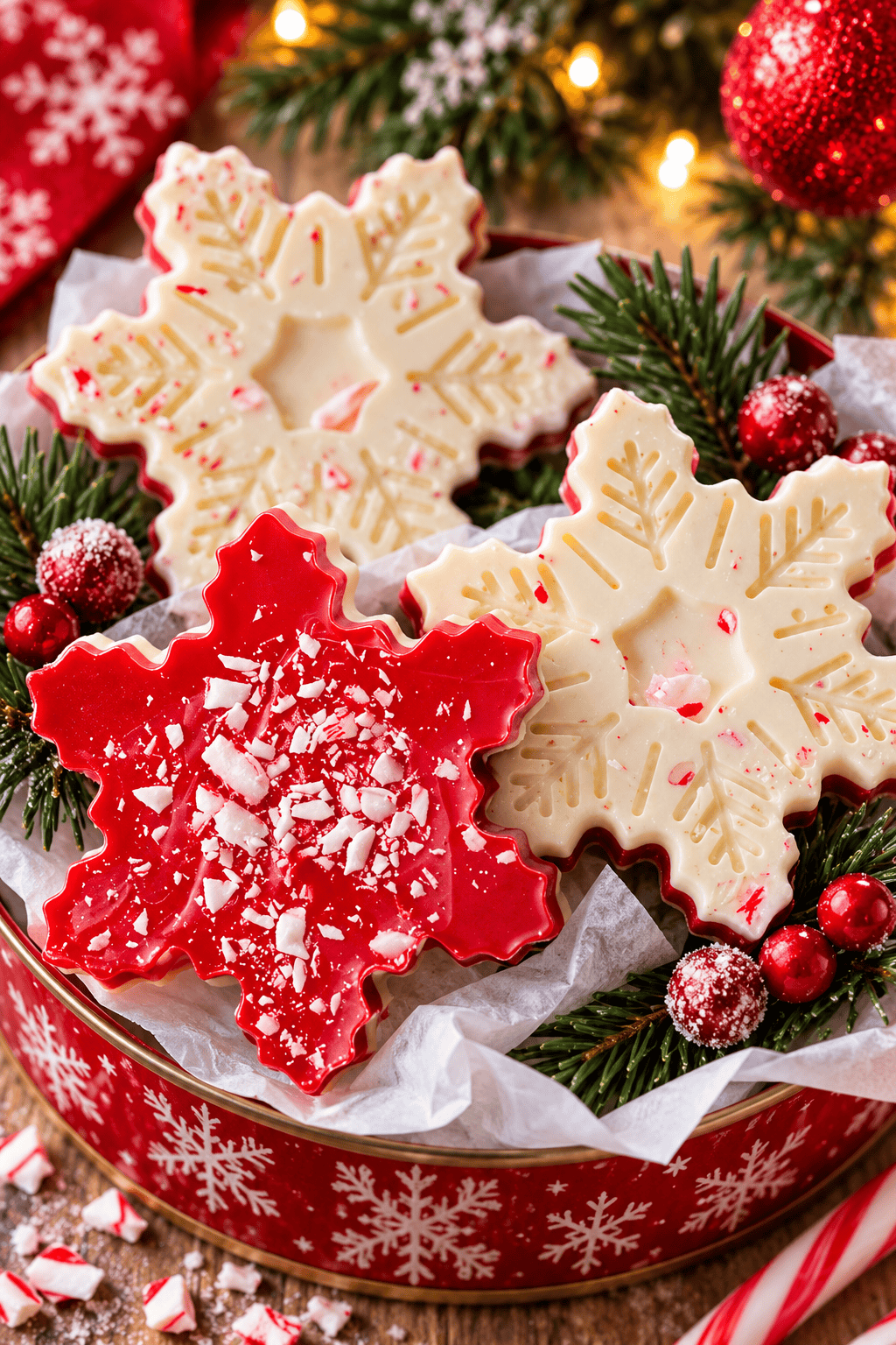 Red and white peppermint bark snowflakes decorated with crushed candy canes, arranged on a festive Christmas serving platter.