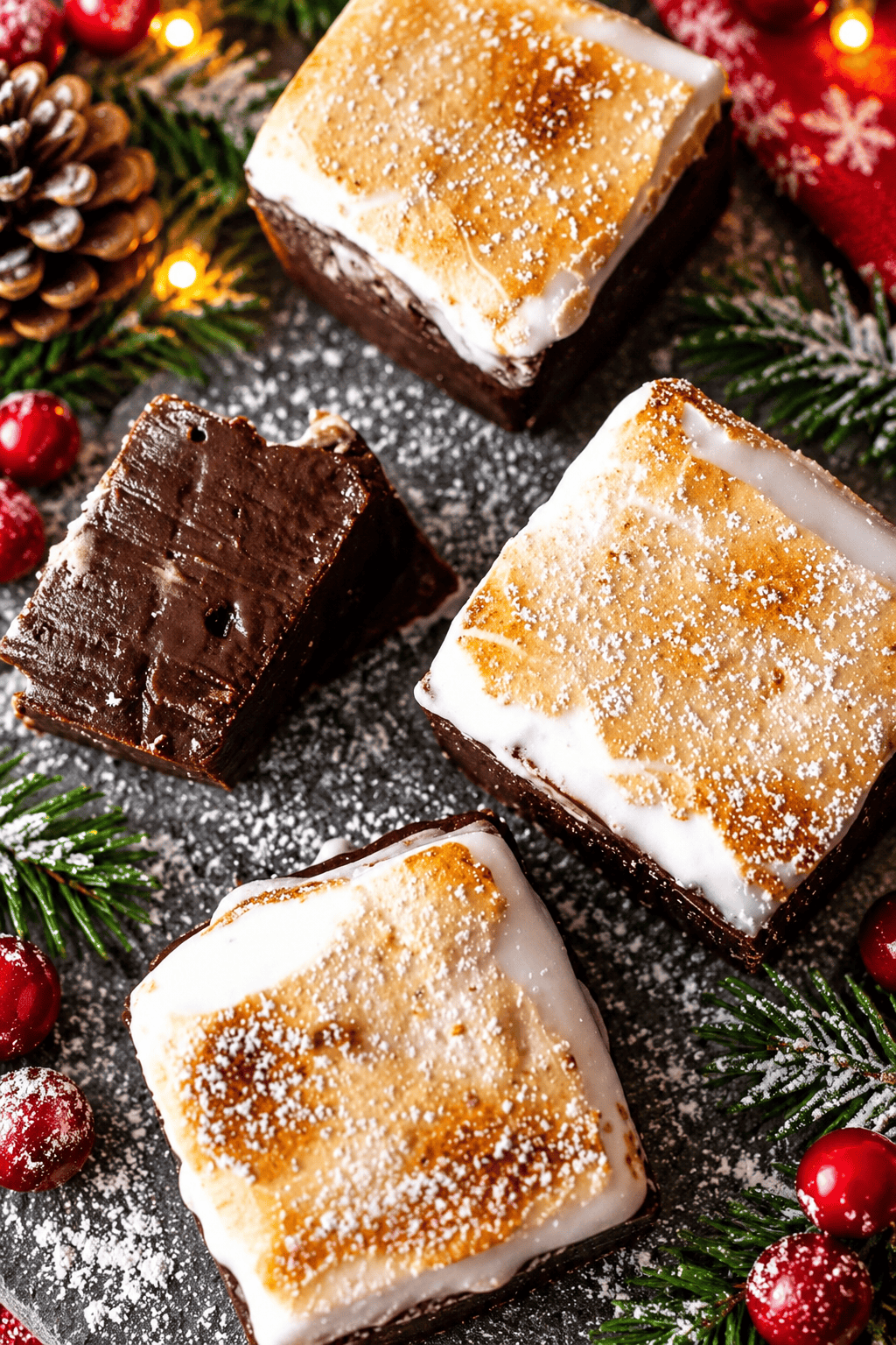 Squares of dark chocolate fudge topped with golden toasted marshmallow creme, arranged as bite-sized Christmas treats.