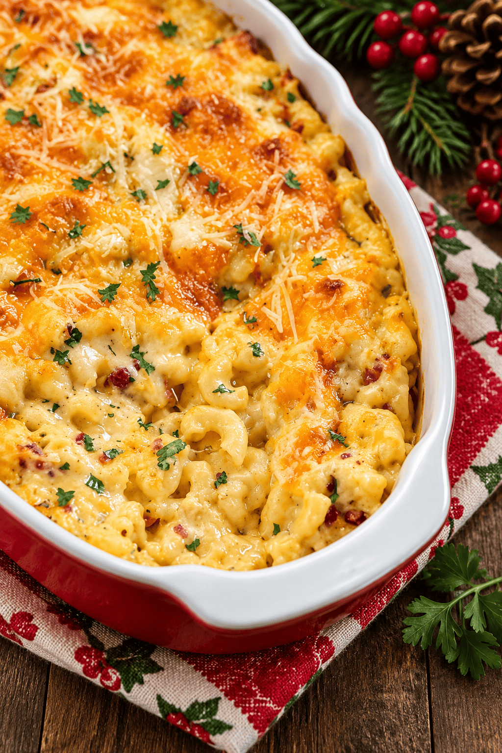 Baked mac and cheese carbonara with a golden melted cheese topping, smoky bacon, and creamy elbow macaroni in a casserole dish.