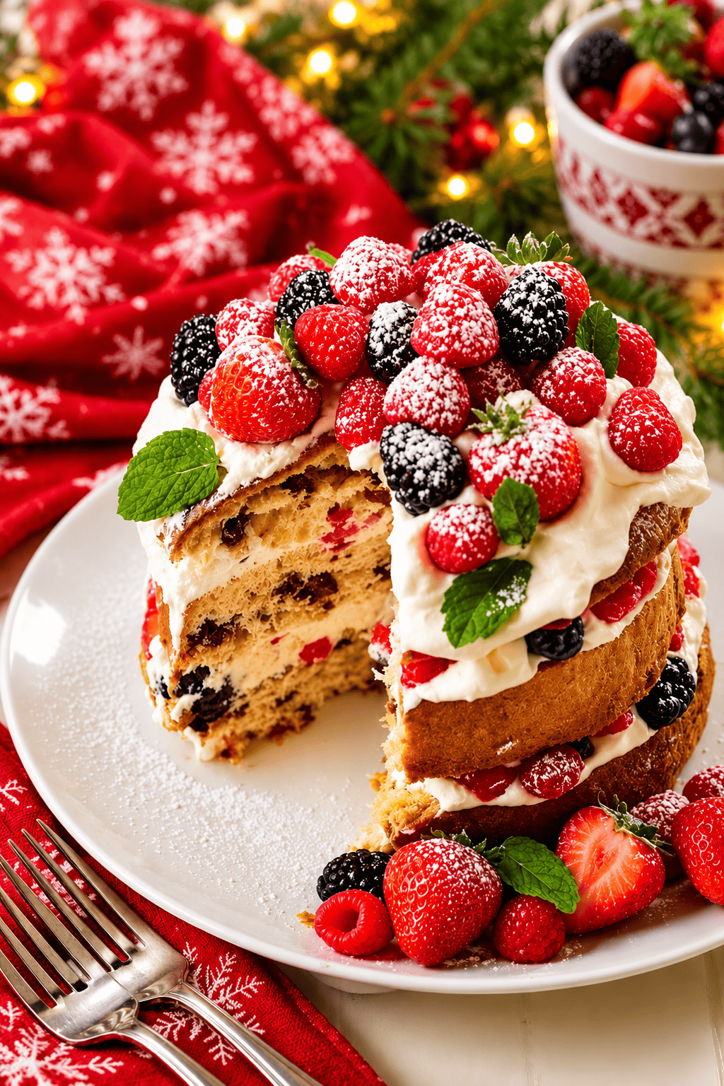 Layered chocolate chip panettone shortcake filled with vanilla whipped cream and fresh strawberries, raspberries, and blackberries, topped with mixed berries.