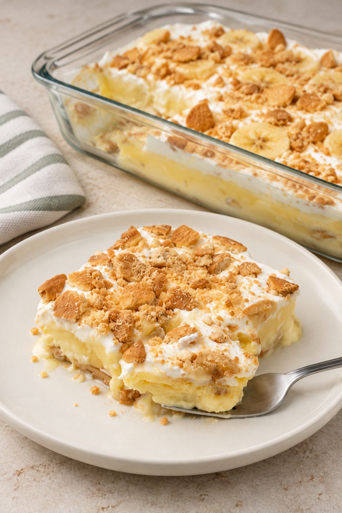 A serving of layered banana pudding on a plate.