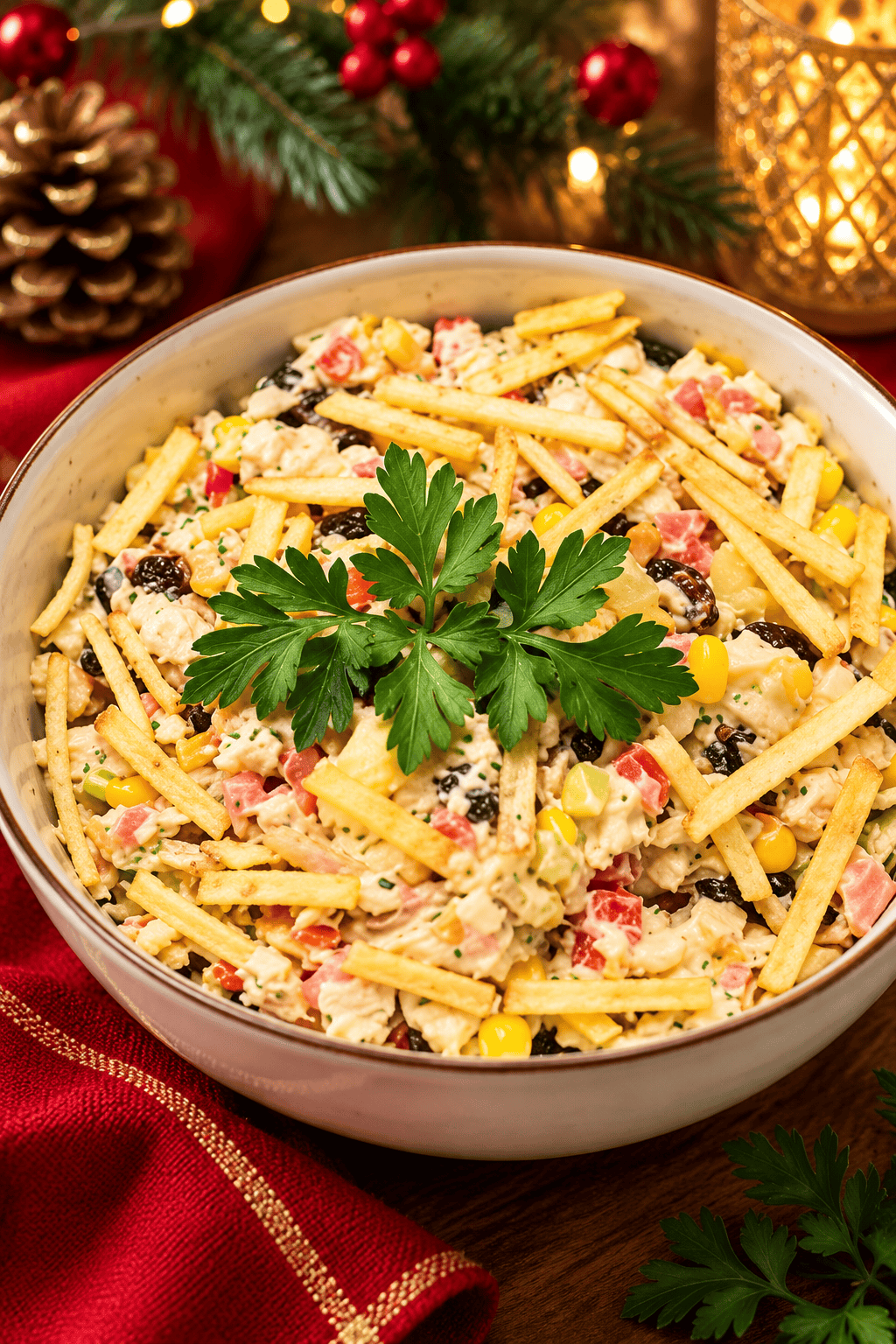 Brazilian chicken salad with shredded chicken, carrots, apples, raisins, and crispy shoestring potatoes in a serving bowl.