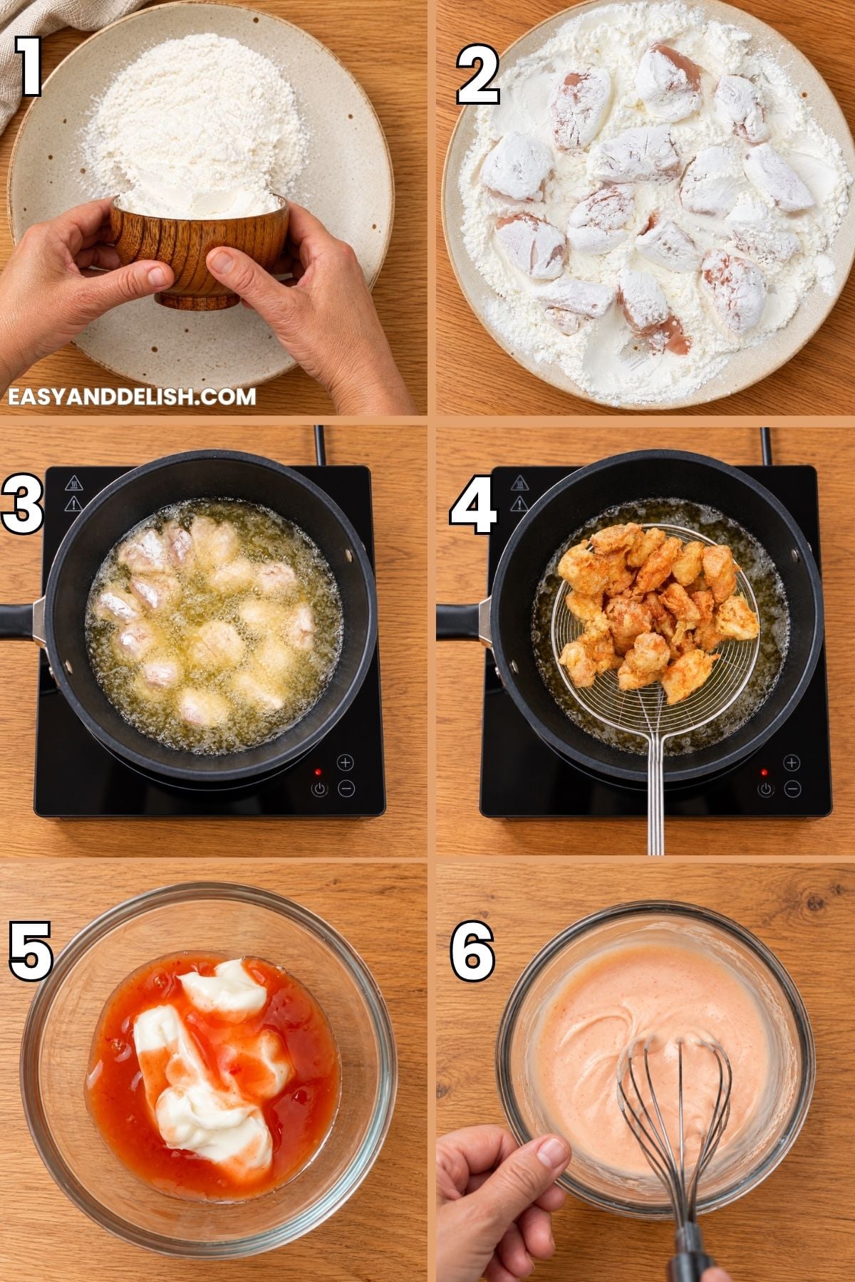 Chicken coated in cornstarch, fried until golden, and Bang Bang Sauce prepared in a glass bowl on a wooden table.