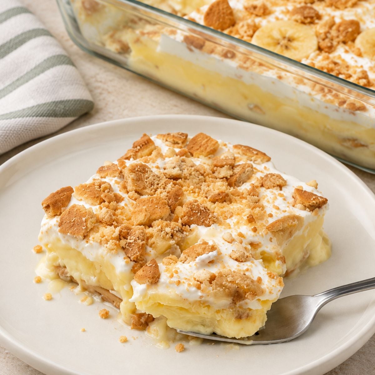 A fork holds a portion of creamy banana pudding topped with crushed vanilla wafers over a white plate.