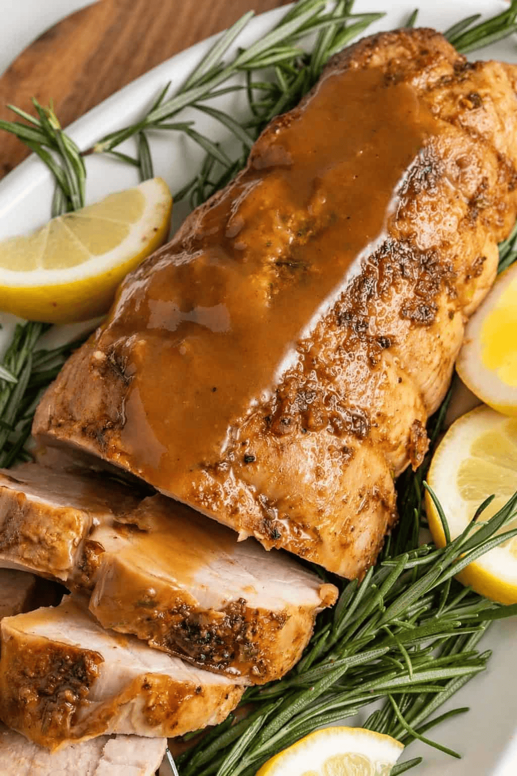 Sliced garlic-roasted pork tenderloin with rosemary and white wine sauce, arranged on a serving platter.