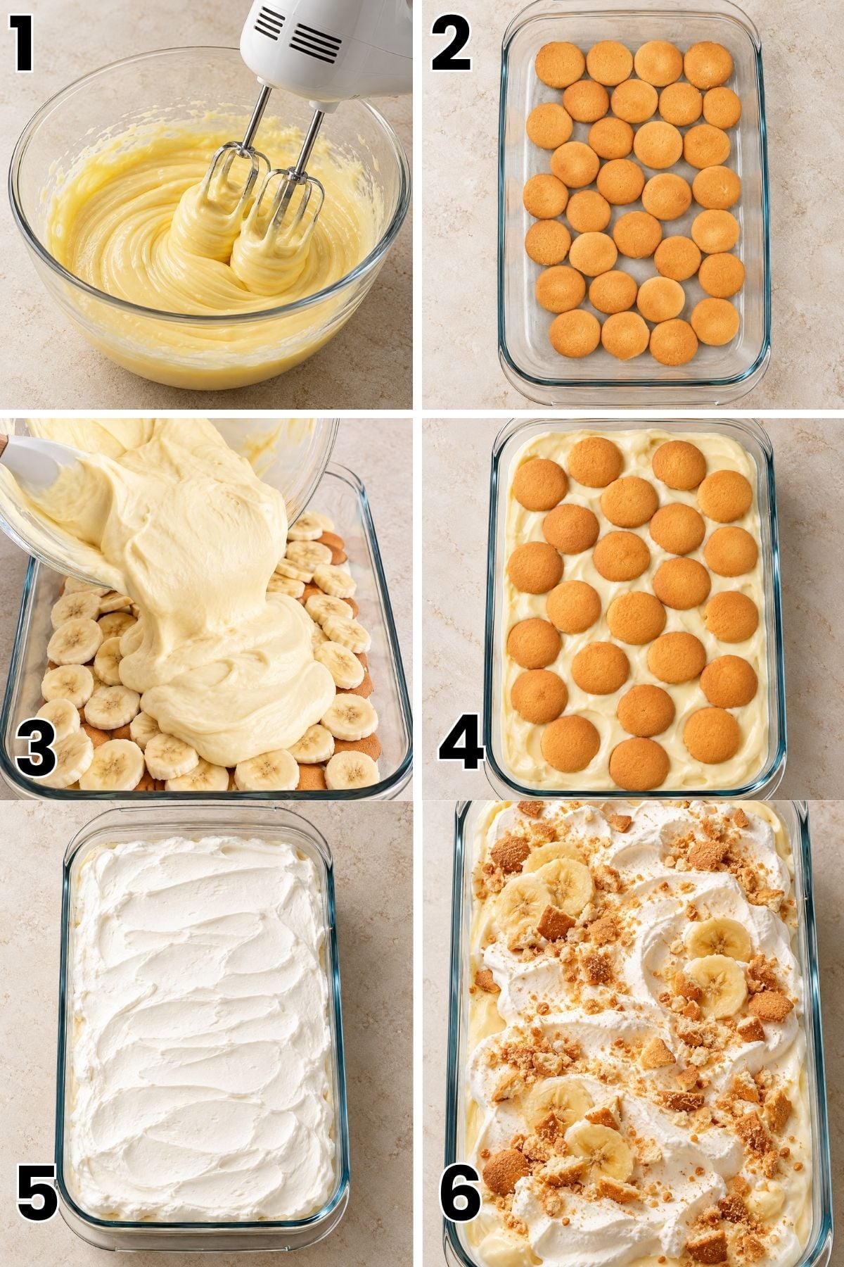 Vanilla pudding mixed in a bowl, wafers layered with bananas and pudding, and whipped topping spread over the dessert.
