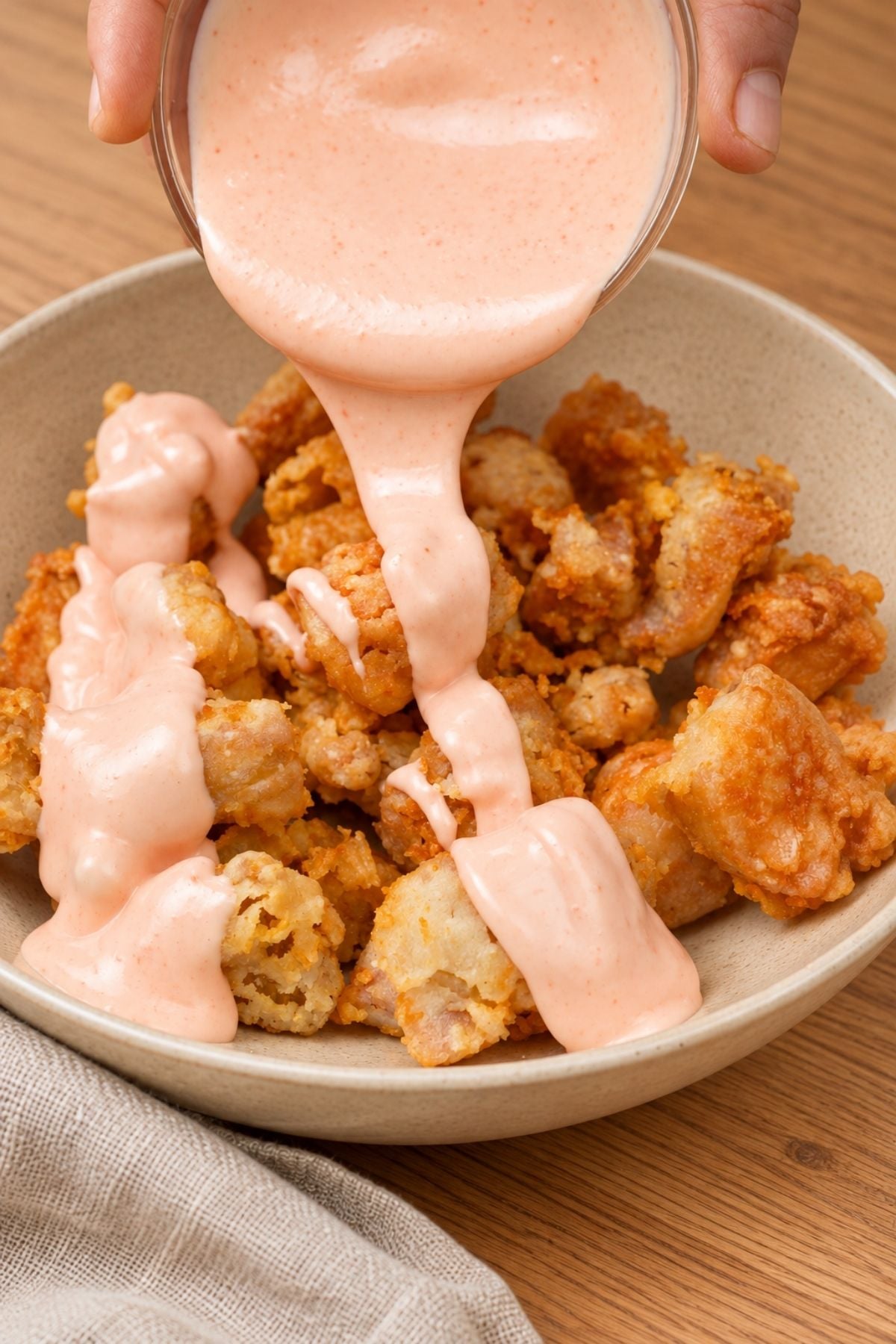 Bang bang sauce poured from a glass bowl over golden fried chicken pieces in a ceramic bowl.
