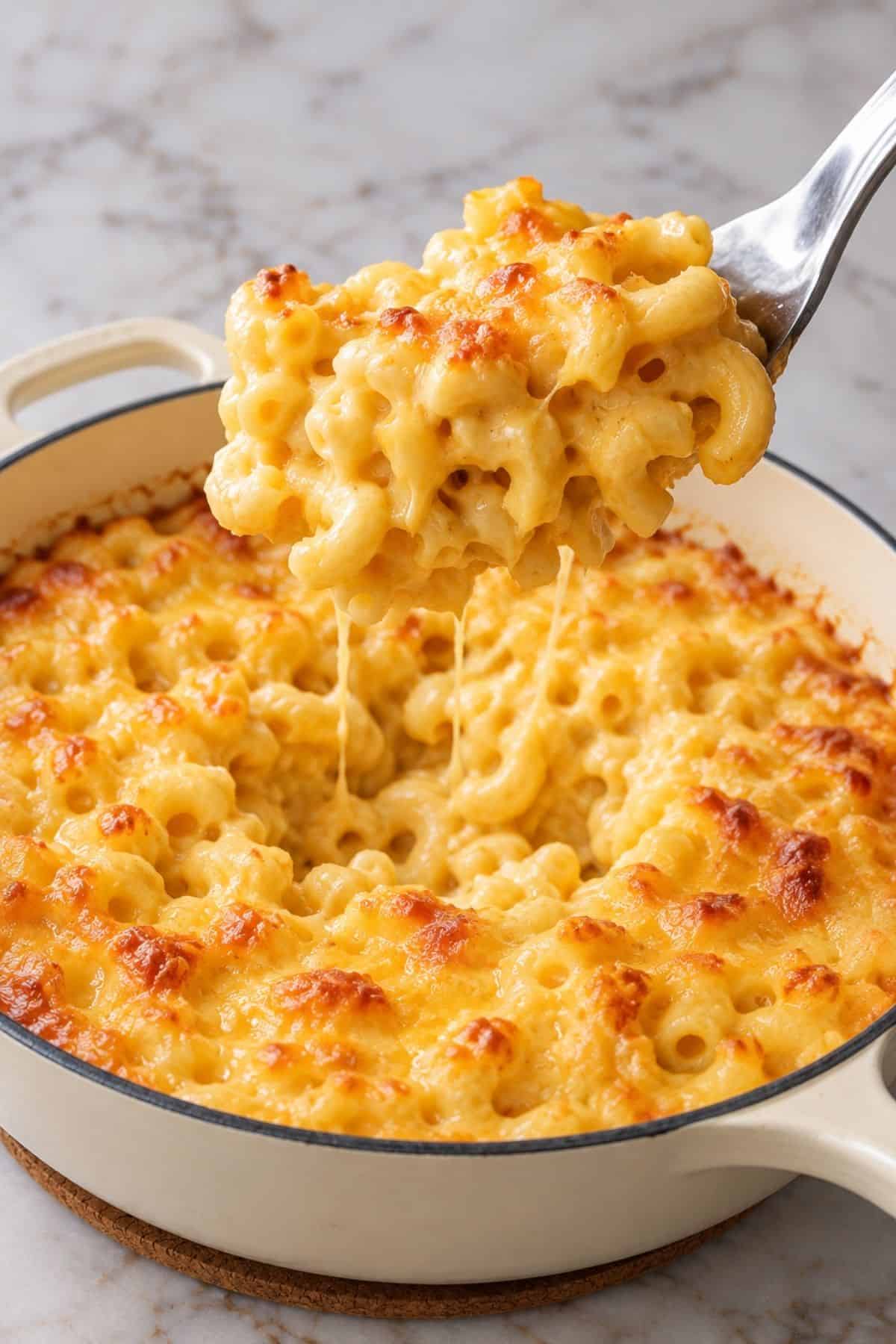 A spoon lifting creamy elbow macaroni with melted cheese strands above a skillet of golden baked macaroni and cheese.
